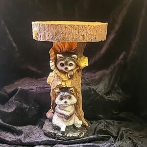 0359. NIB ~ Rascally Raccoons On A Cute Little Pedestal w/ Small Tray Top ~